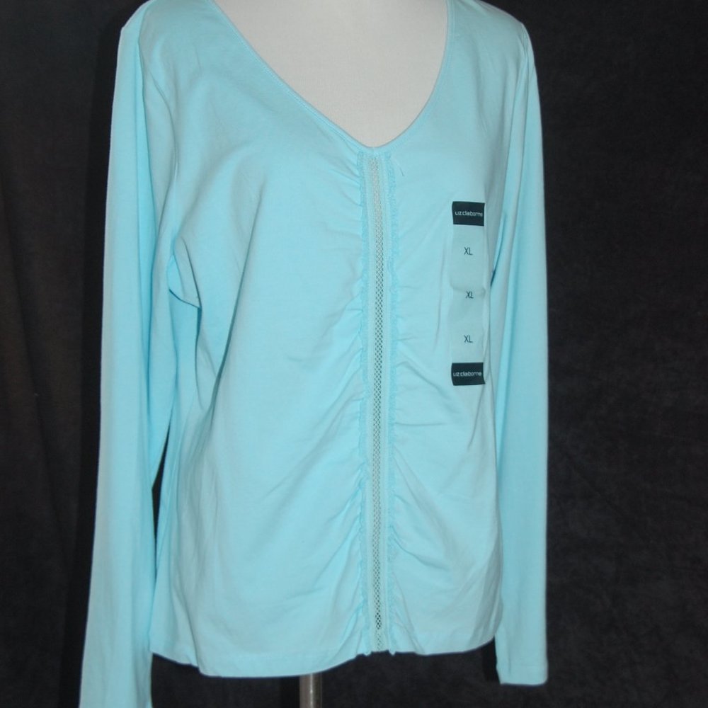 Liz Claiborne, NWT Aqua Stretch Cotton LS Top, Size XL